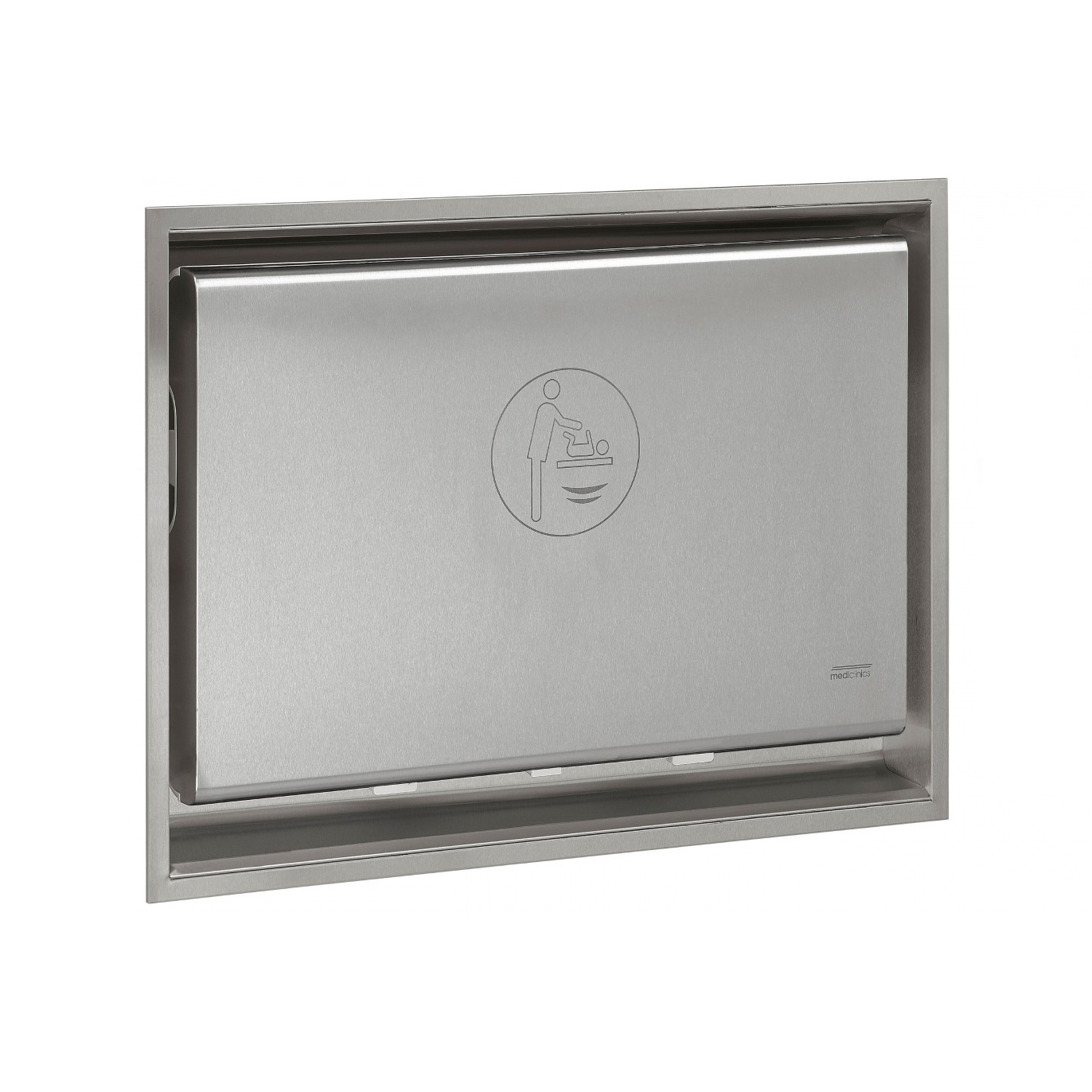 Ingebouwd babyverzorgingsstation met grijze afvalbak en pictogram van vrouw die baby verschoont