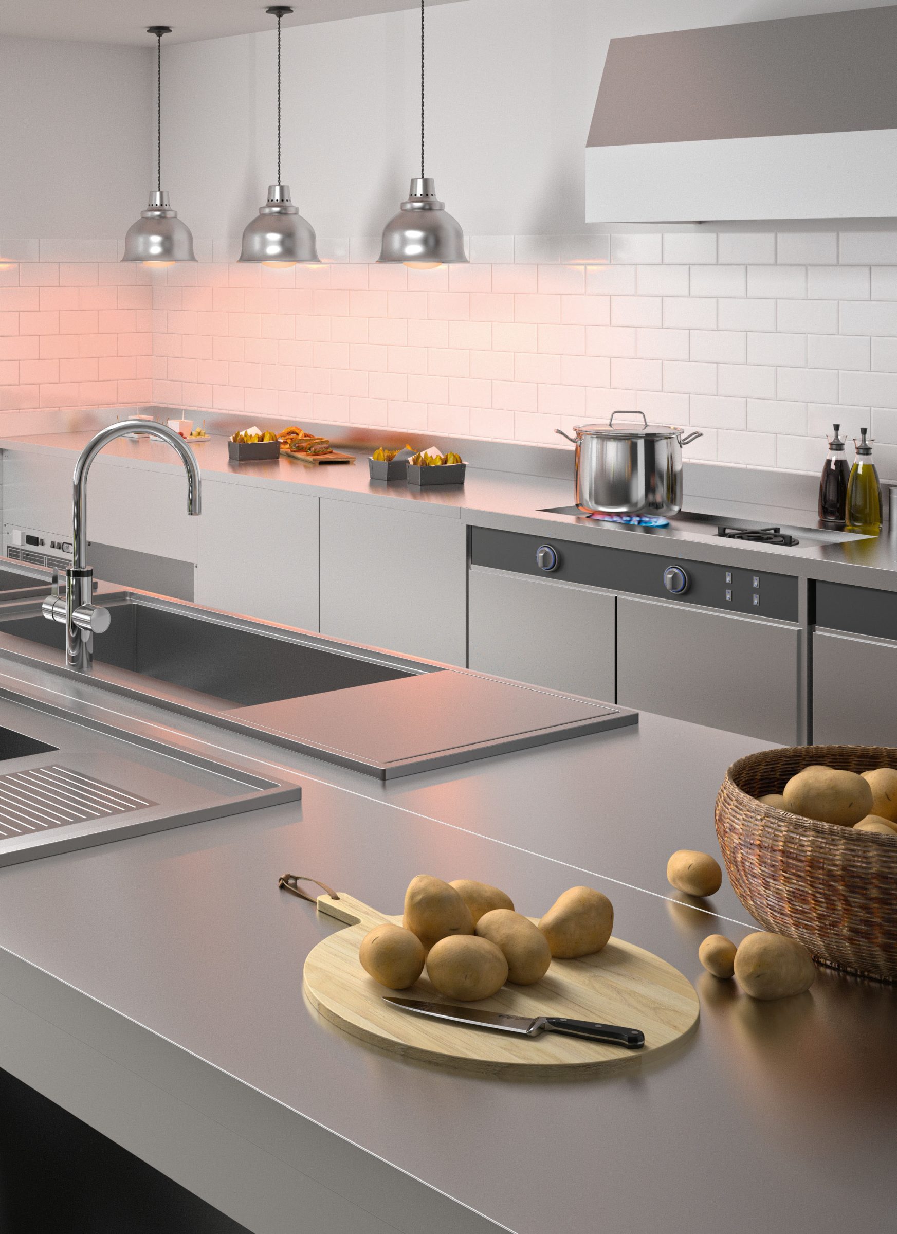 Keuken met zilveren accessoires, waaronder wastafel en kraan.