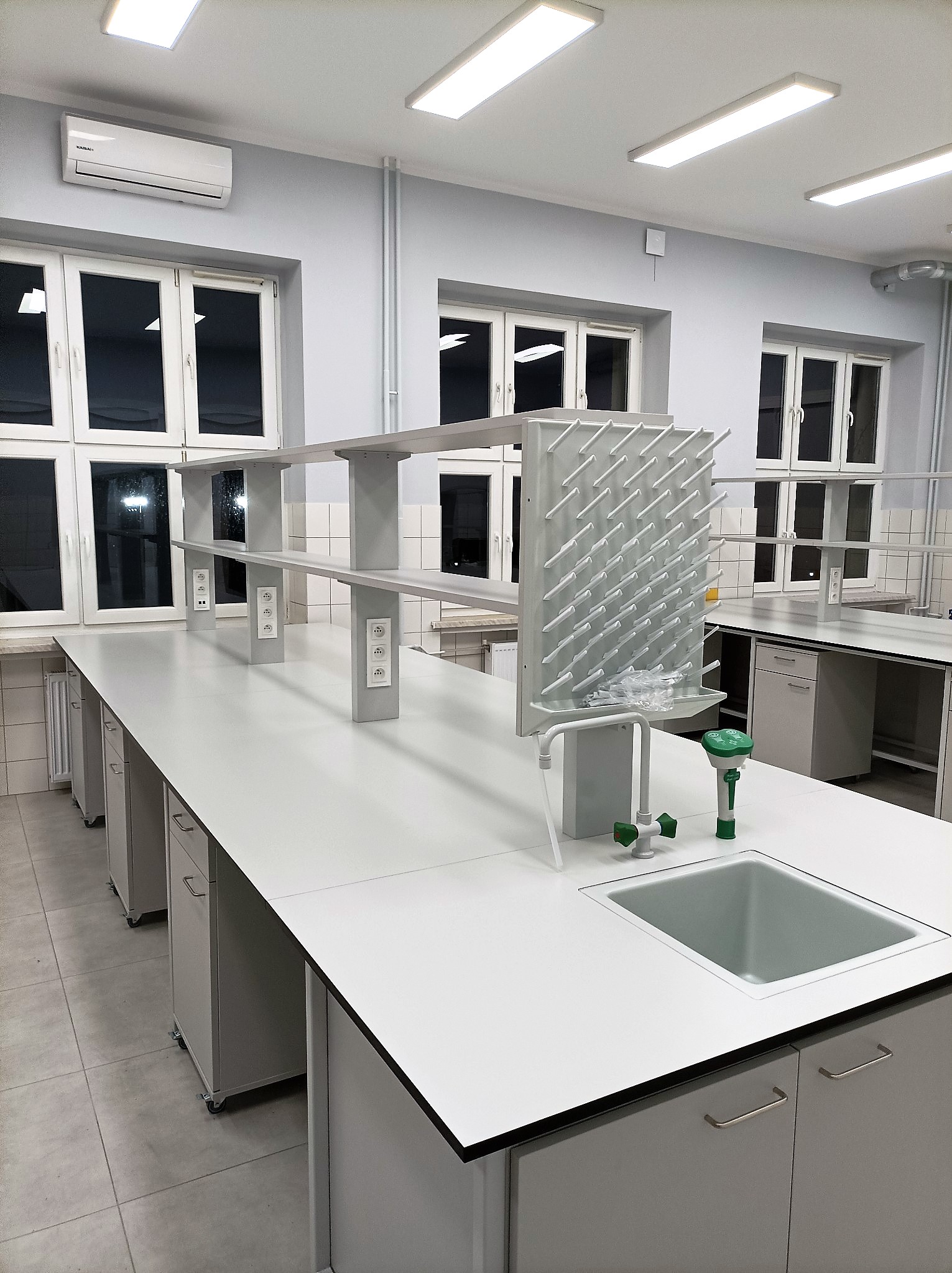 Laboratoriumruimte met kranen en werkoppervlakken.